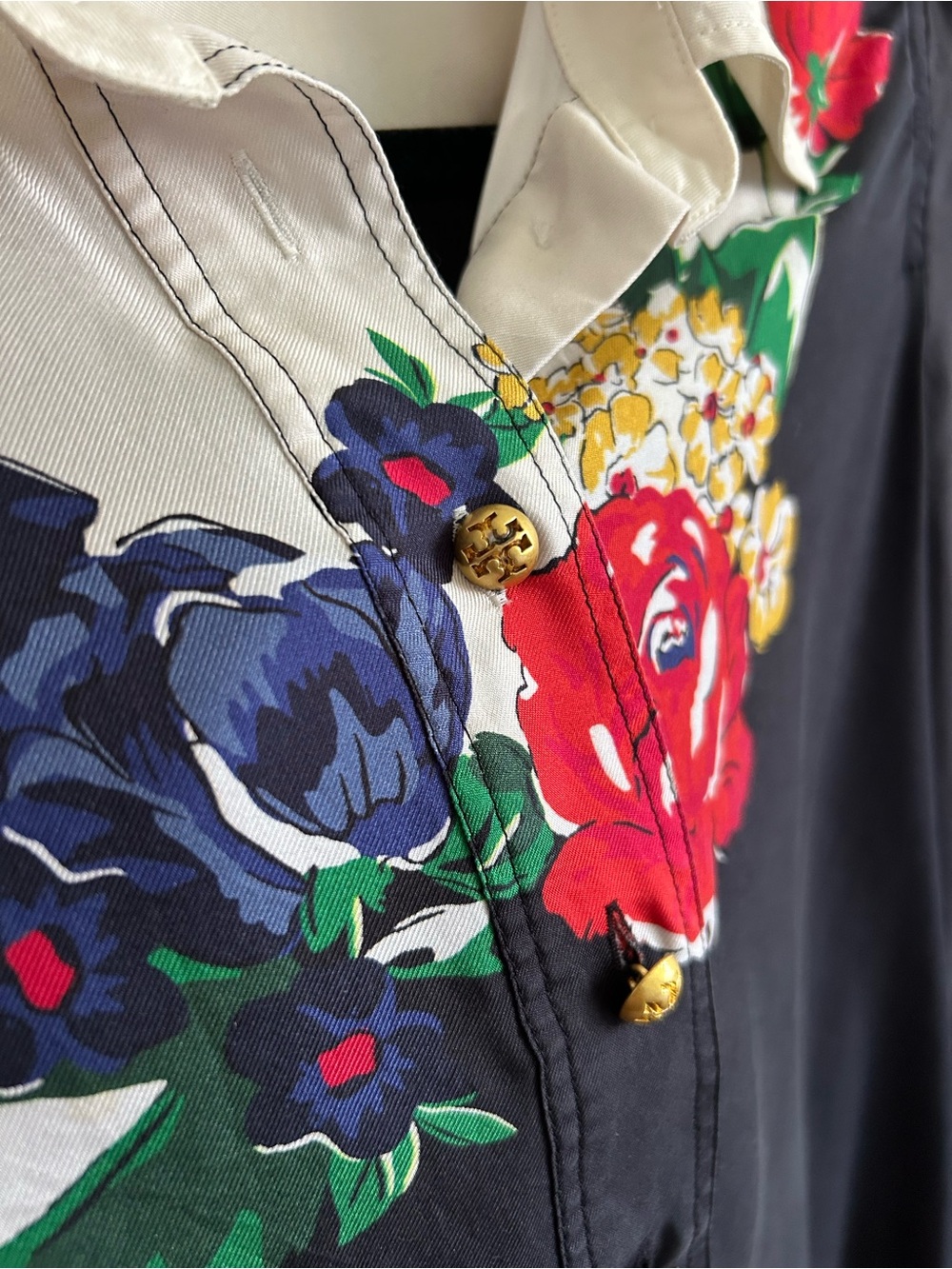 Tory Burch Black Floral Print Collared Half Button Long Sleeve Silk Blouse Top - Picture 3 of 7